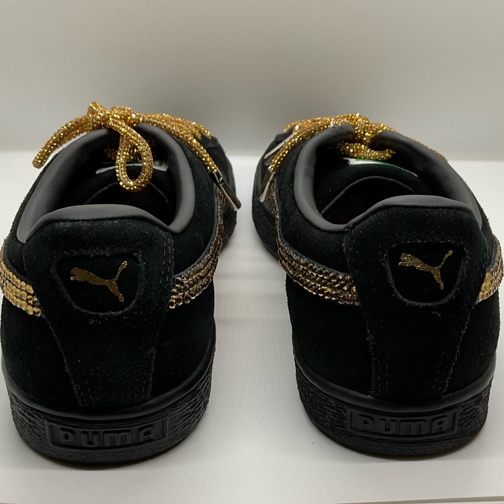 PUMA SUEDE CLASSIC Sneakers Womans 8 W/GOLD Swavorski Stones & Laces! BLK/BLK - Picture 4 of 12
